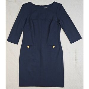 Vince Camuto Sheath Dress 3/4 Sleeve Navy Blue Gold Button